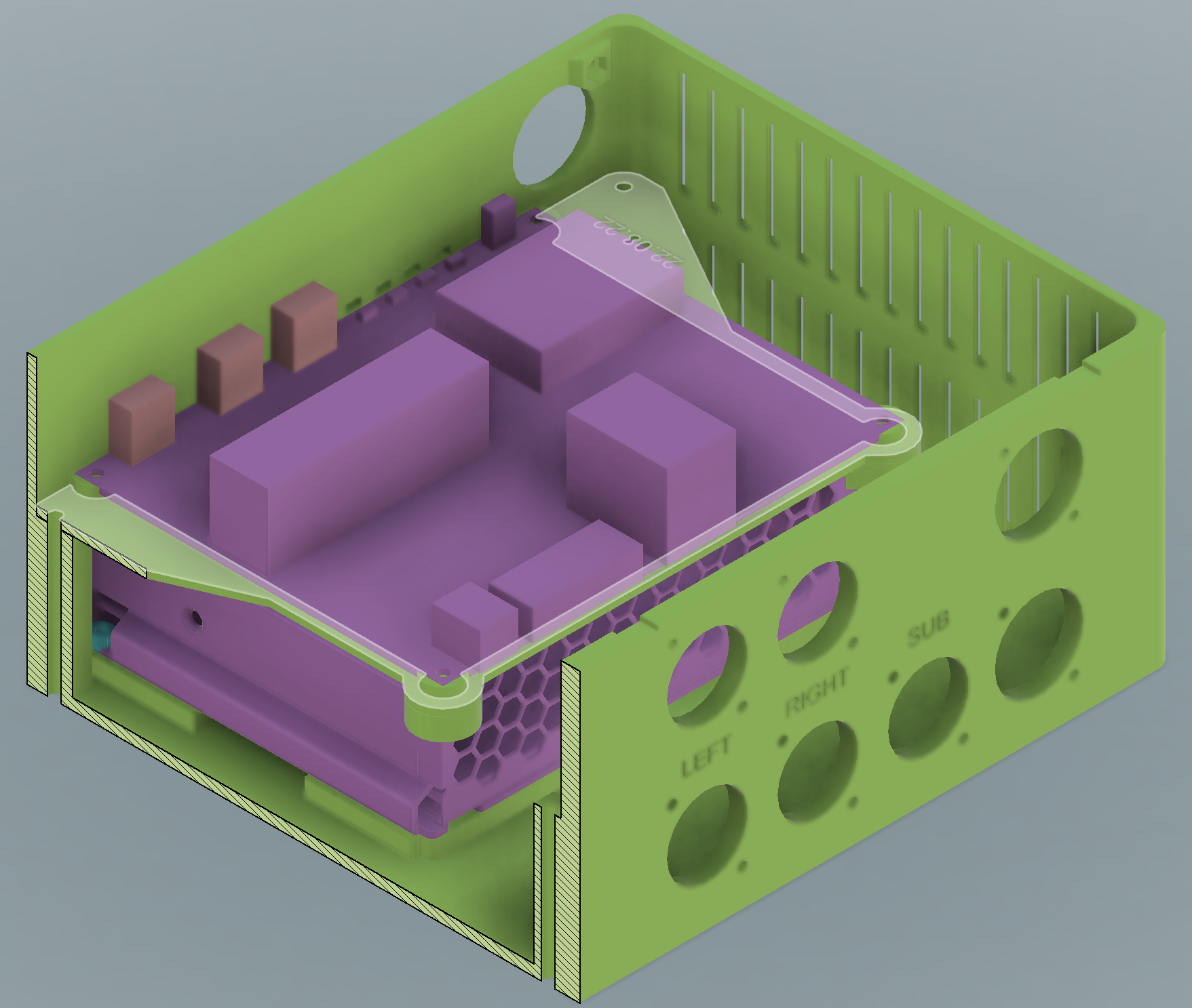 Viewed from the rear corner, the PCB (purple) sits on top of a midplate (green, highlighted) which sits on top of the power supply (also purple, bottom).