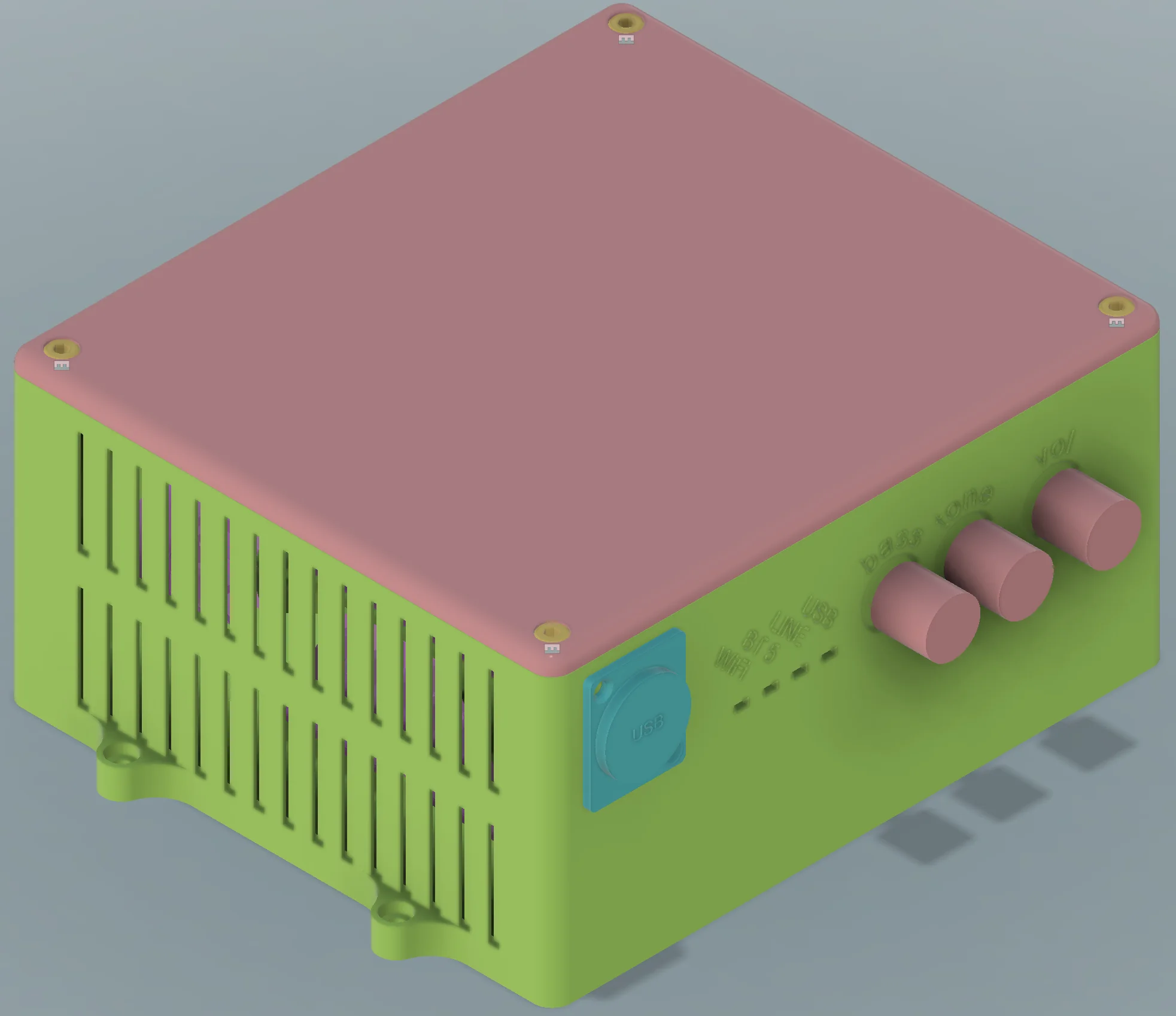 The amp enclosure as seen from the front corner.