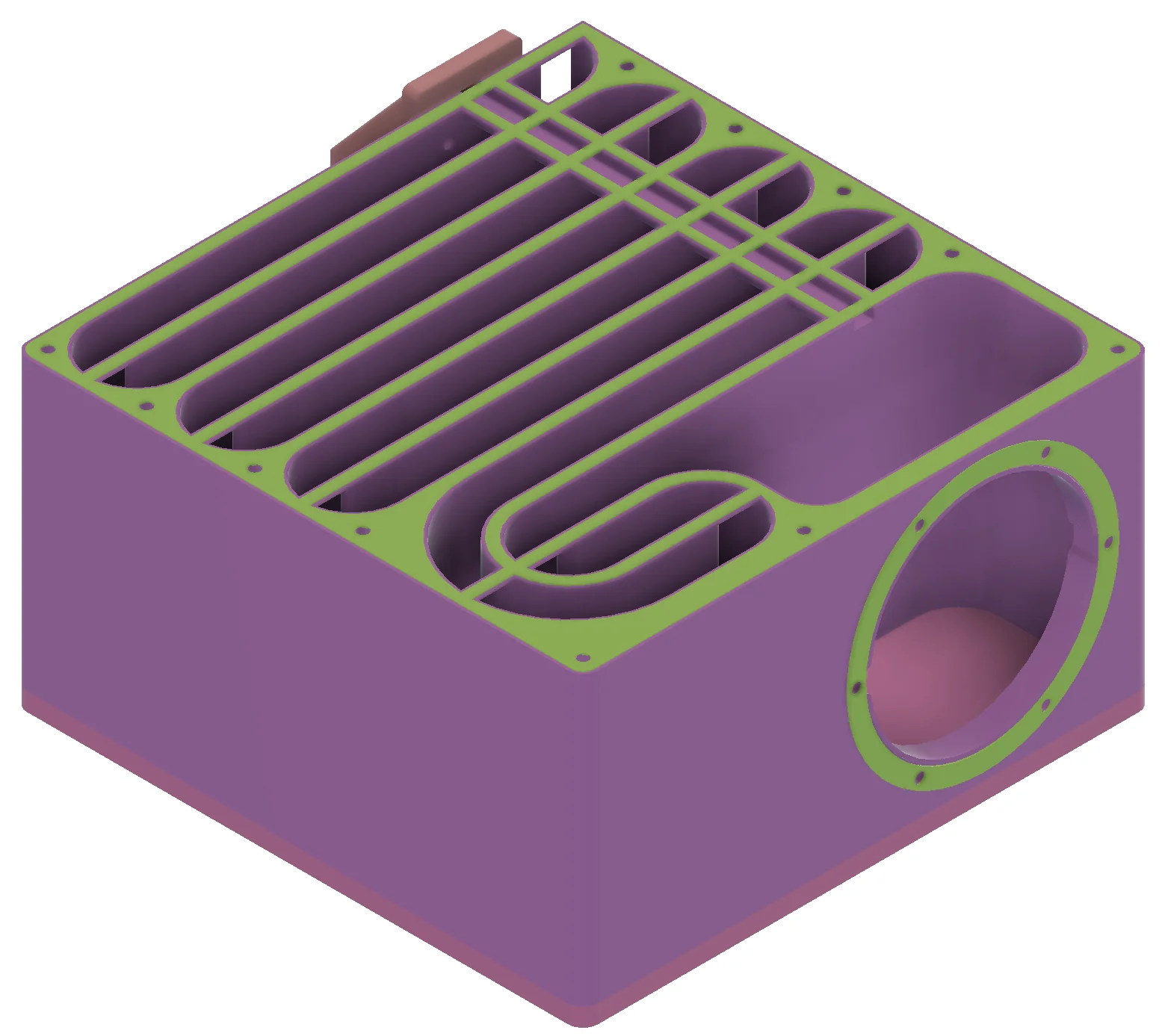 The green elements are meant to be printed in TPU or another gasket like material. The cable channel runs from the RCA jack enclosure in the rear (pink color), under the gasket material to the main speaker cavity.