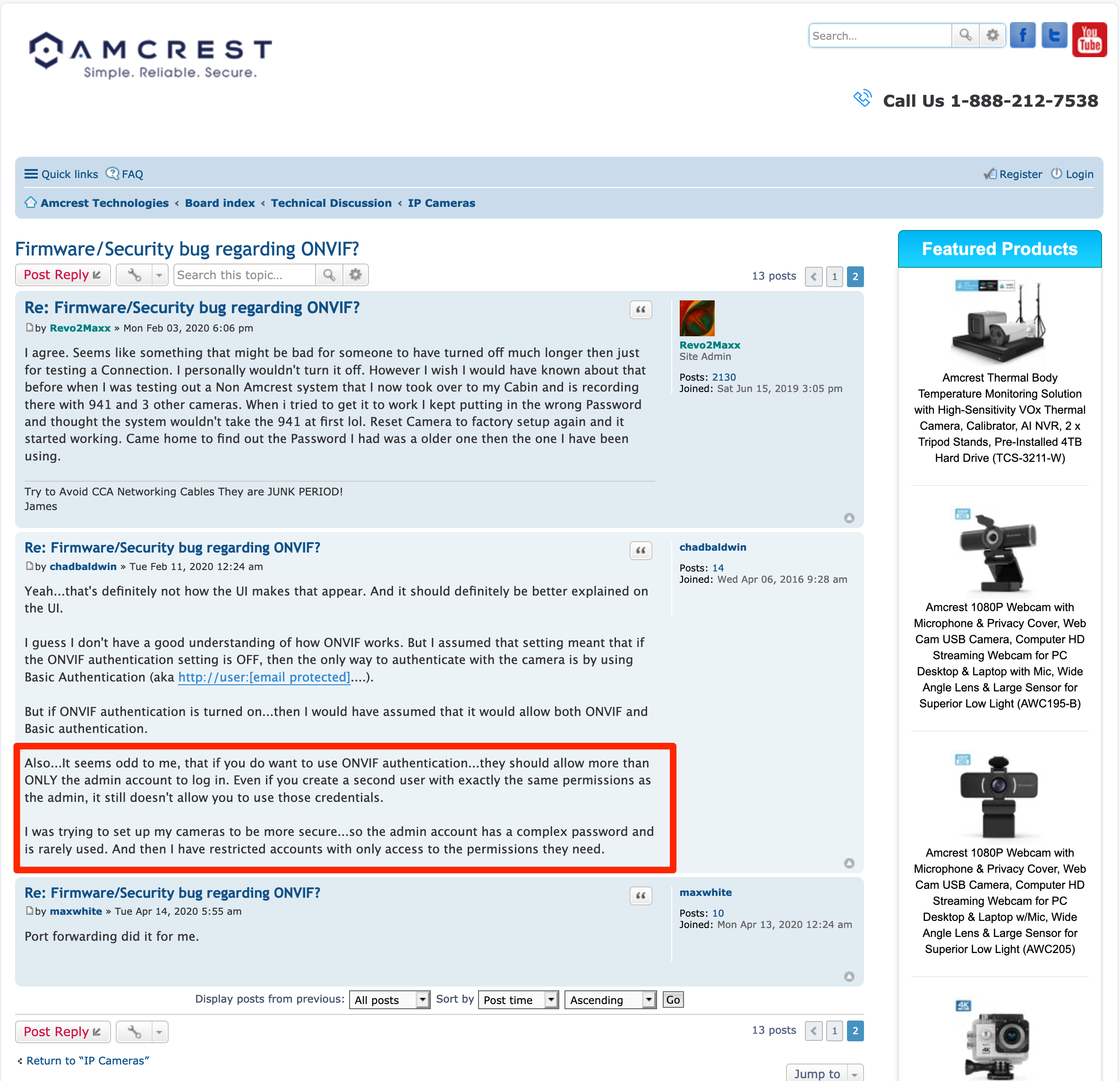 Screenshot showing a post on the amcrest support forums where other people have noticed the lack of multi-user authentication for ONVIF authentication