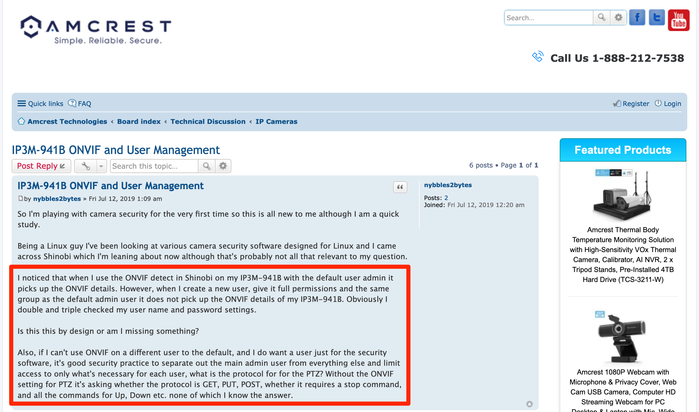 Screenshot showing a post on the amcrest support forums where other people have noticed the lack of multi-user authentication for ONVIF authentication