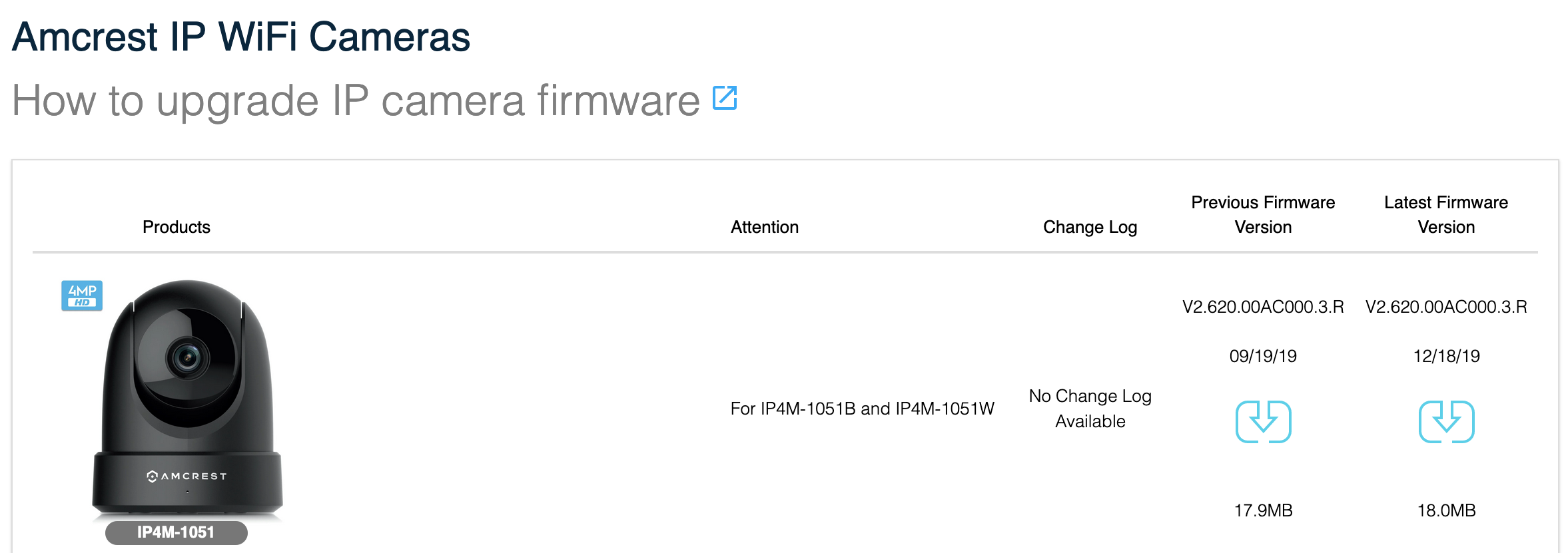 Screenshot showing the Amcrest Firmware page