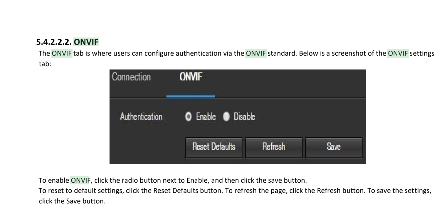 Screenshot showing the 'authentication' setting for the ONVIF service on the camera management interface