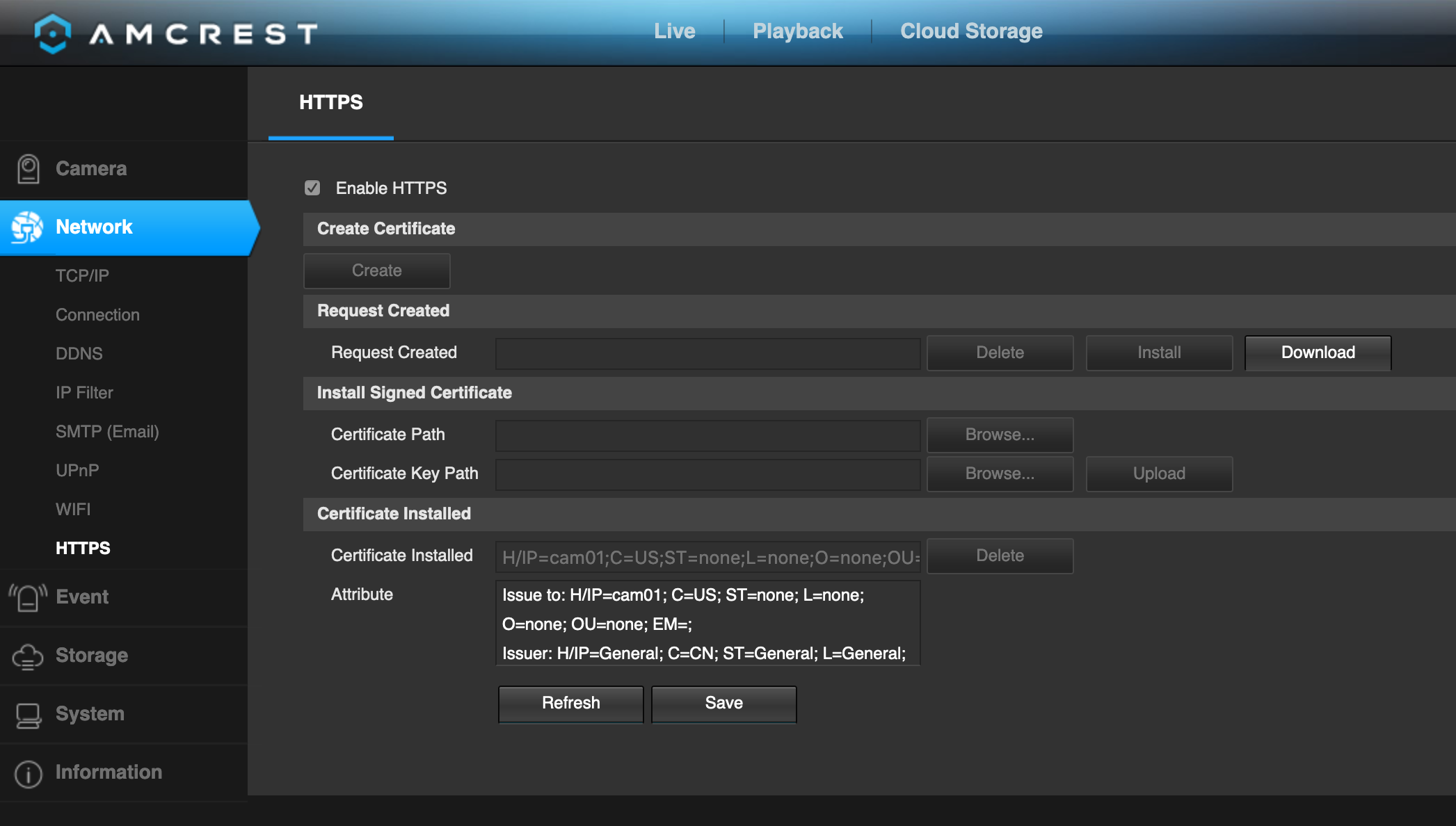 Screenshot showing the HTTPS / certificate configuration on the camera management interface