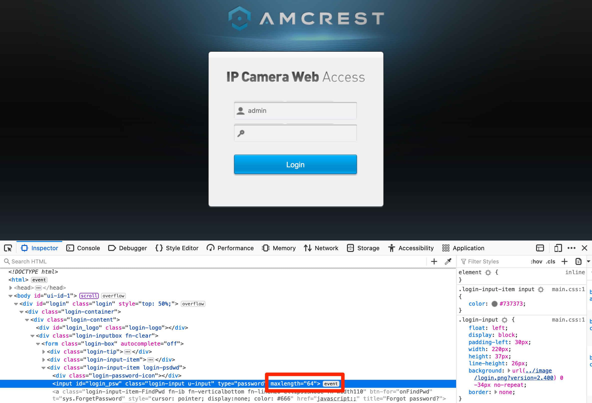 Screenshot showing the HTML for the password field on the login page