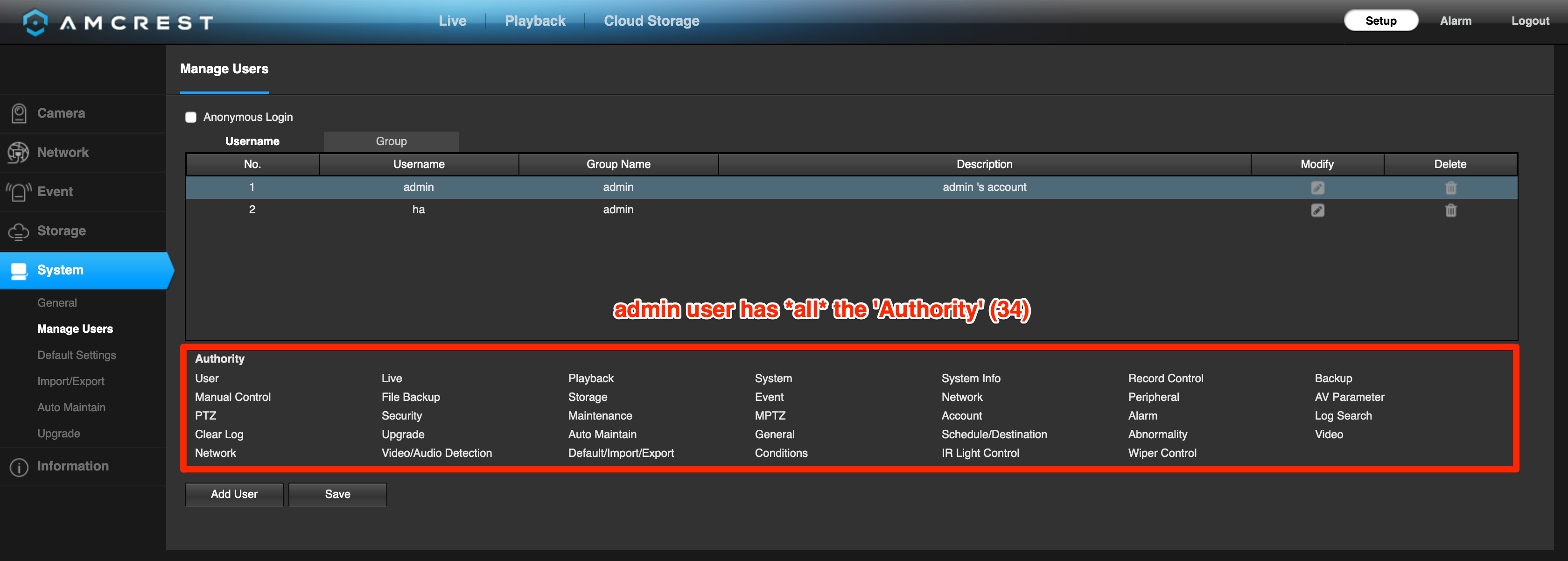 Screenshot showing the admin user and its entitlements on the camera web UI