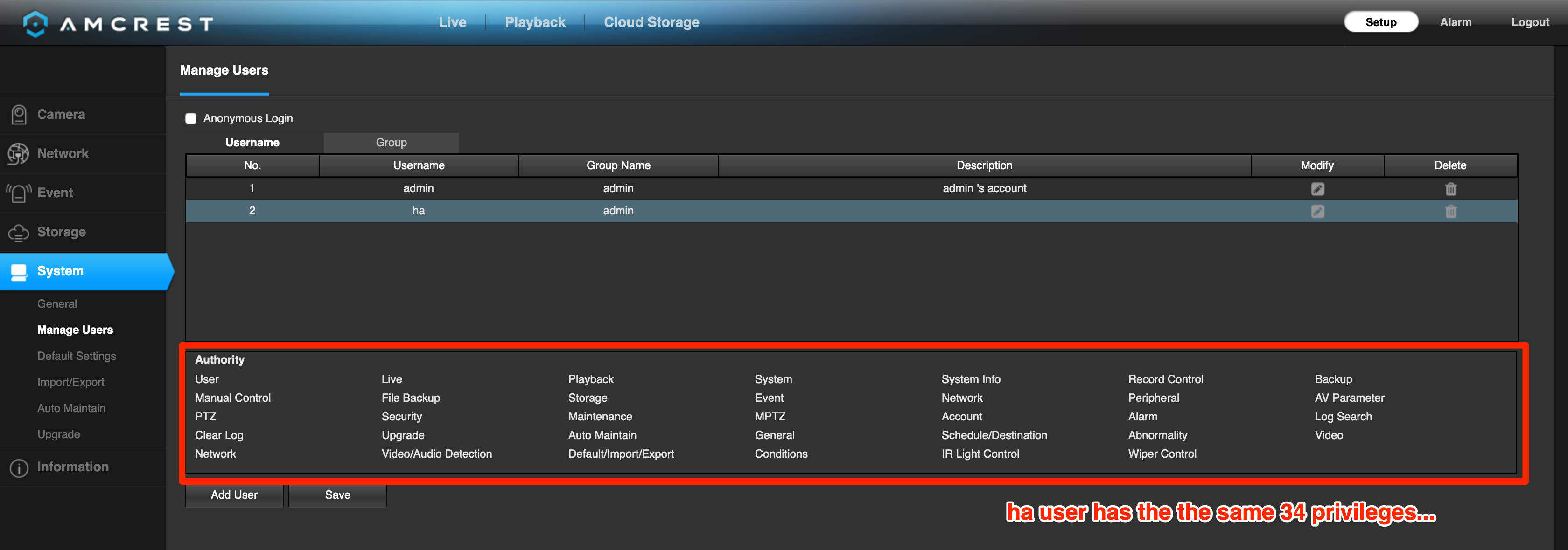 Screenshot showing the secondary/home-assistant user and its entitlements on the camera web UI