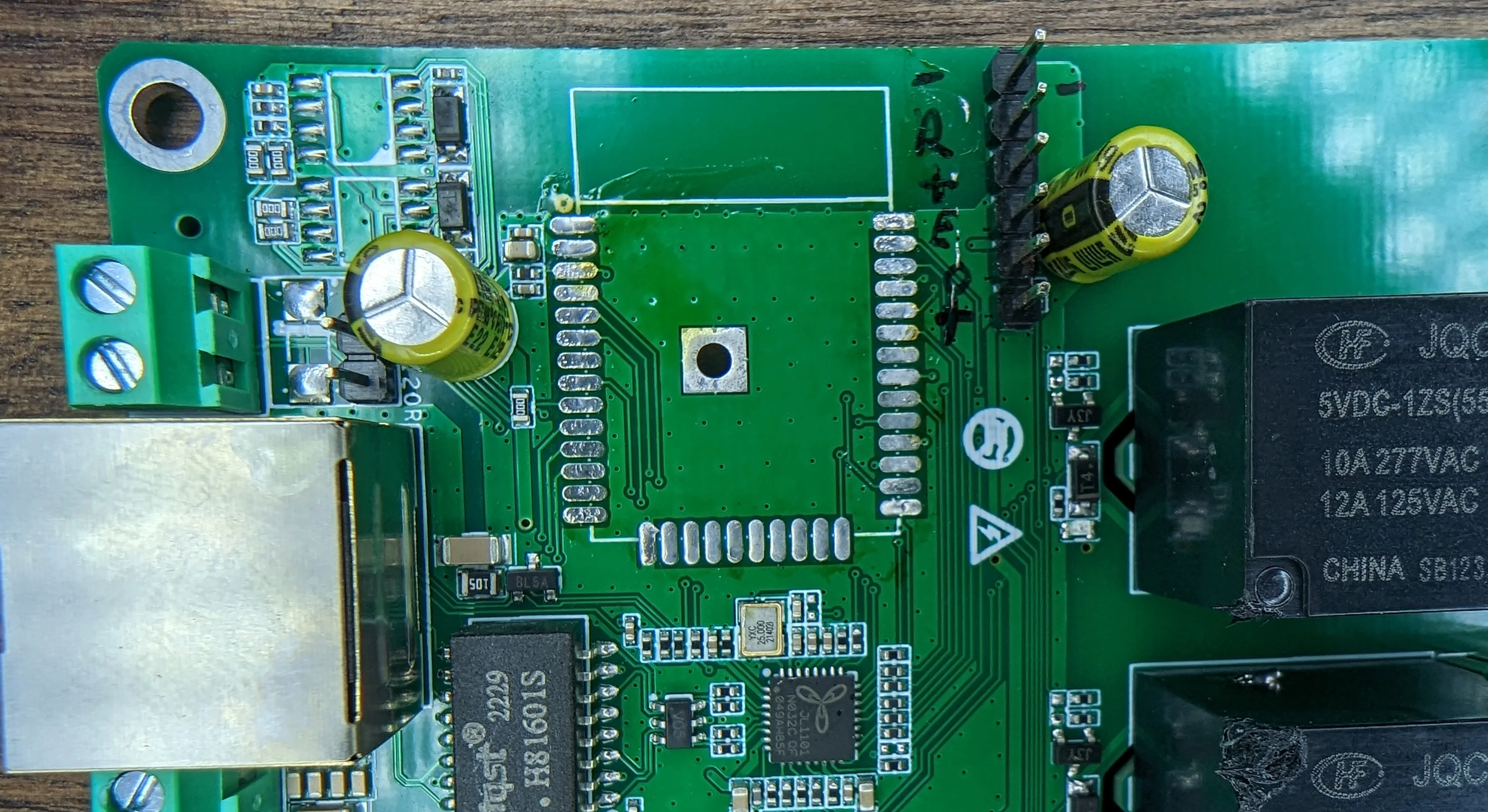 Note the sharpie next to the pin headers. Order is GND, RX, TX, EN, GPIO0, VCC from top to bottom.