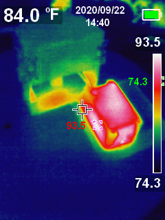 photo from a thermal camera showing the HASP device removed from it's electrical box, the sides and rear are warm