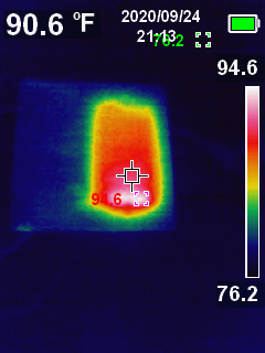 photo from a thermal camera showing the HASP device installed in its electrical enclosure. The LCD and LEDs are the warmest part