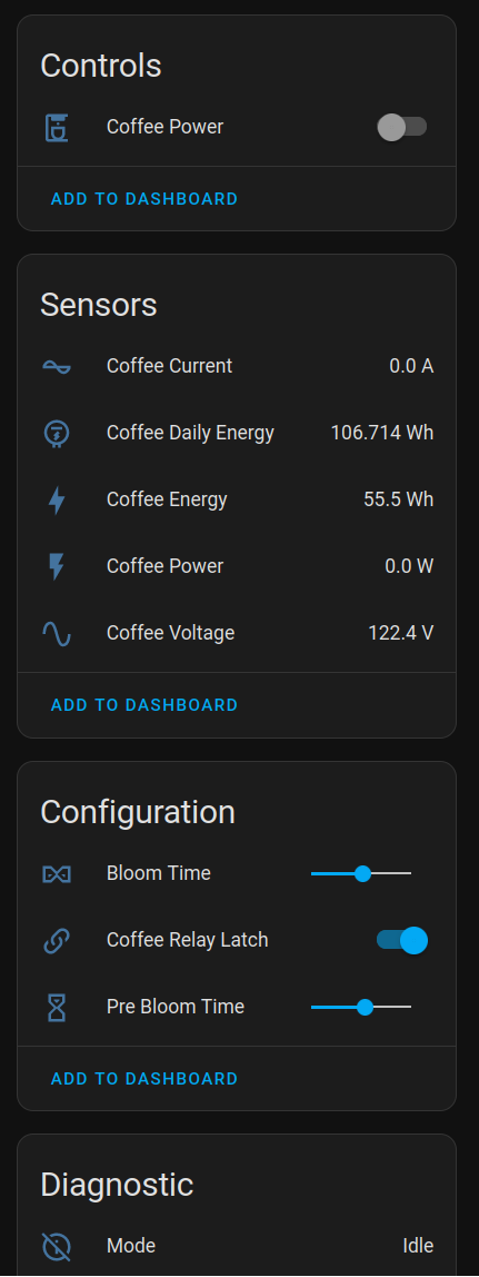 S31 powered coffee maker in Home Assistant. Note that the bloom settings can be adjusted on the fly.