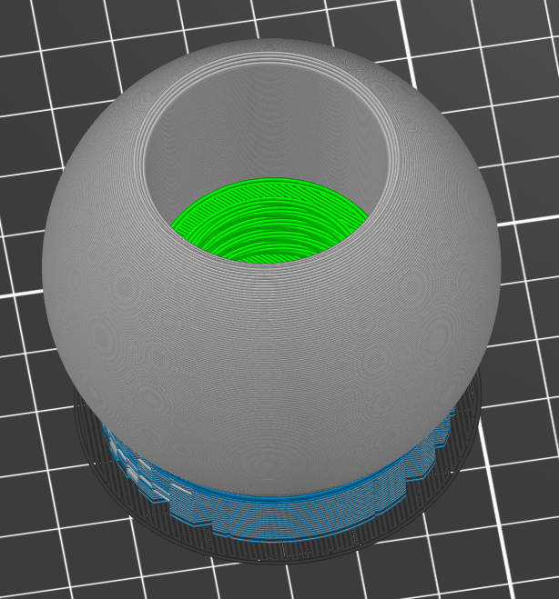 Grey is TPU, Green is ABS, and the Blue/Grey mix is the support material composed of interleaved PLA and TPU layers.