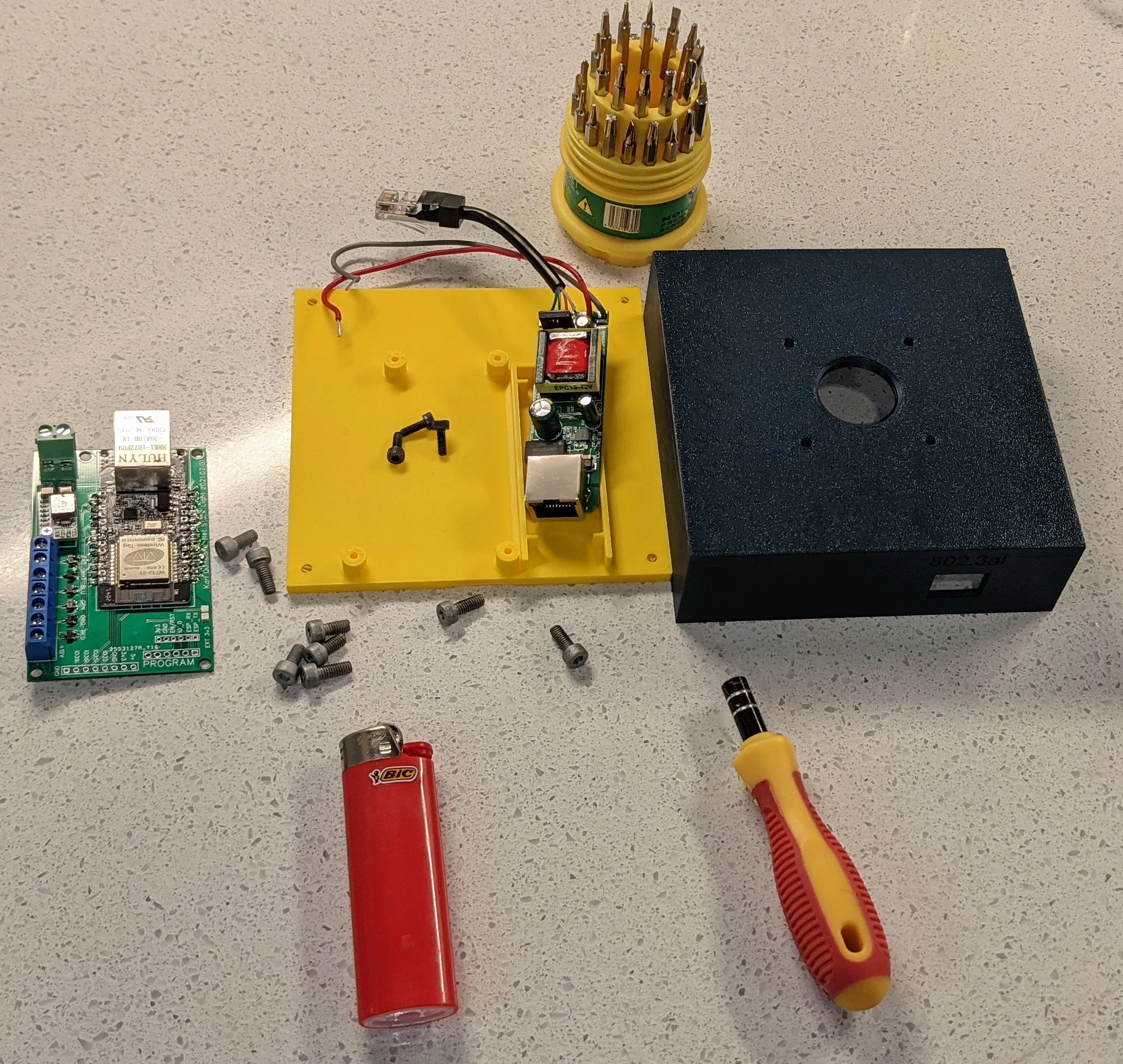 Picture showing some of the components and tools used in assembly.