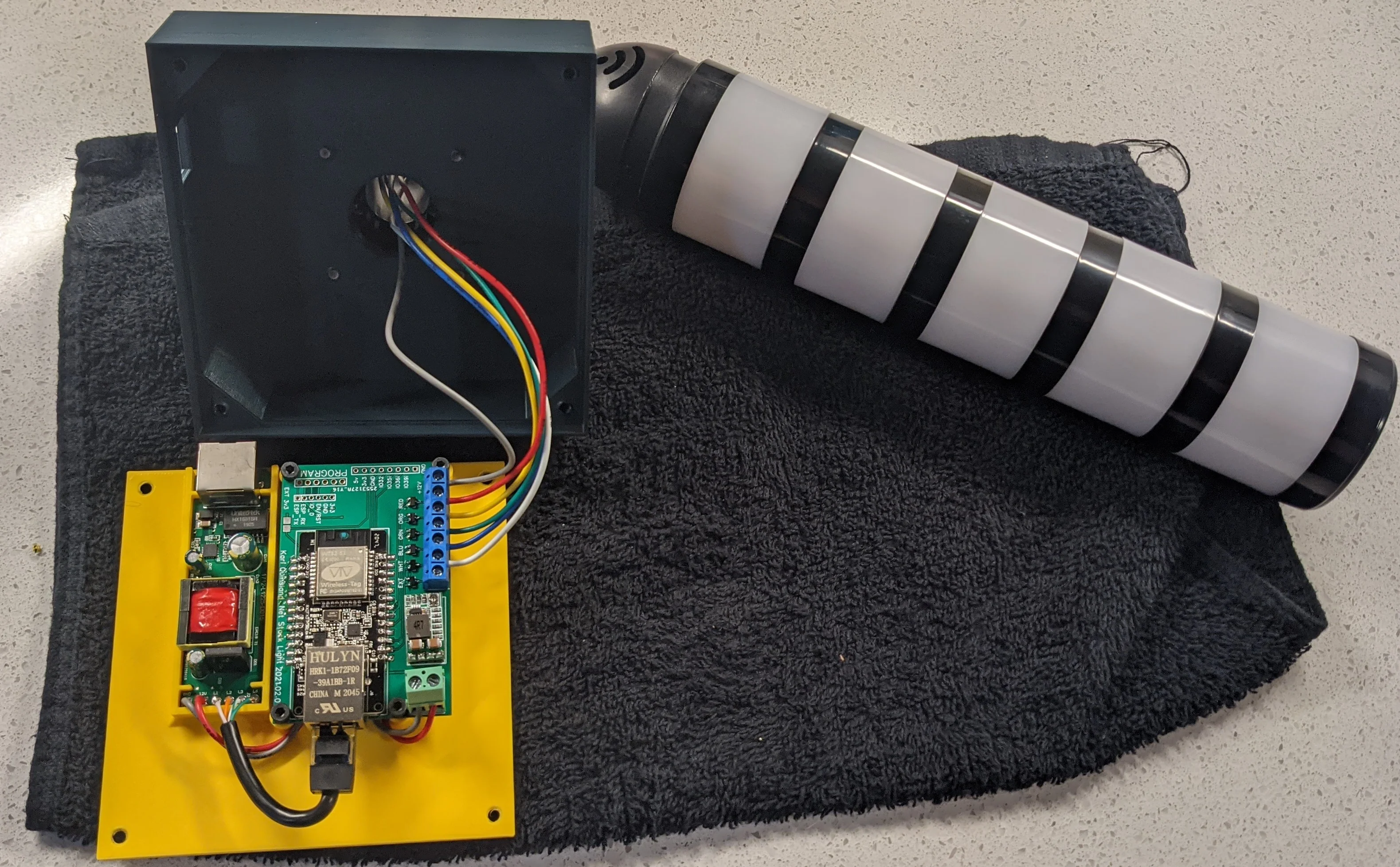 Picture showing all components secured to the base and wired together.