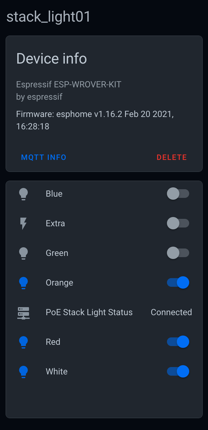 Screenshot showing the stack light automatically configured in Home Assistant.