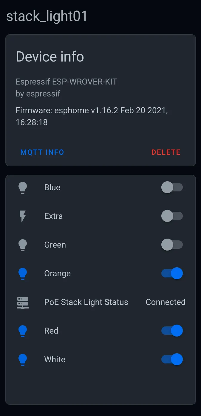 Screenshot showing the stack light automatically configured in Home Assistant.