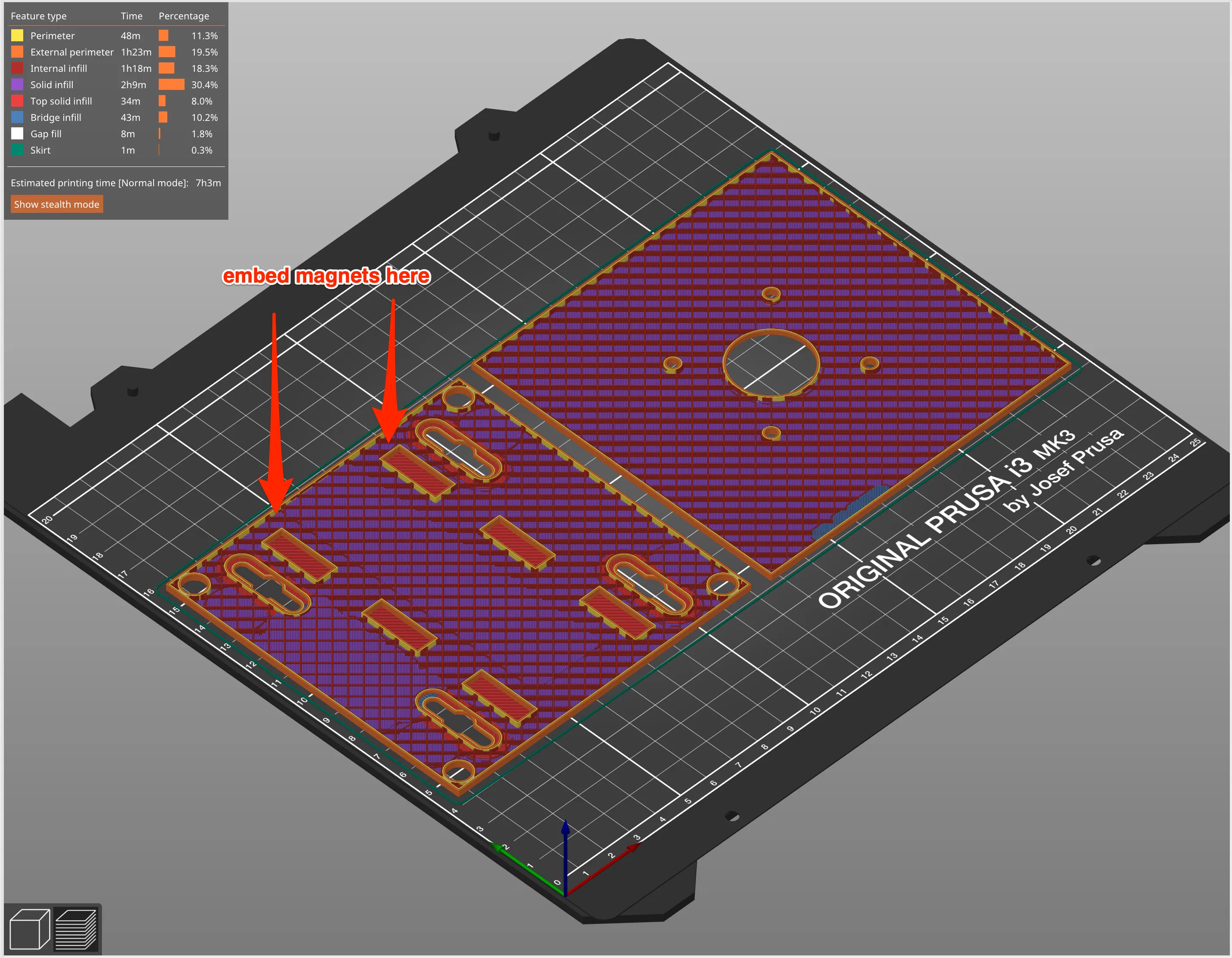 Screenshot showing 3D printed parts arranged on slicing software with annotation pointing out when to insert optional magnets.
