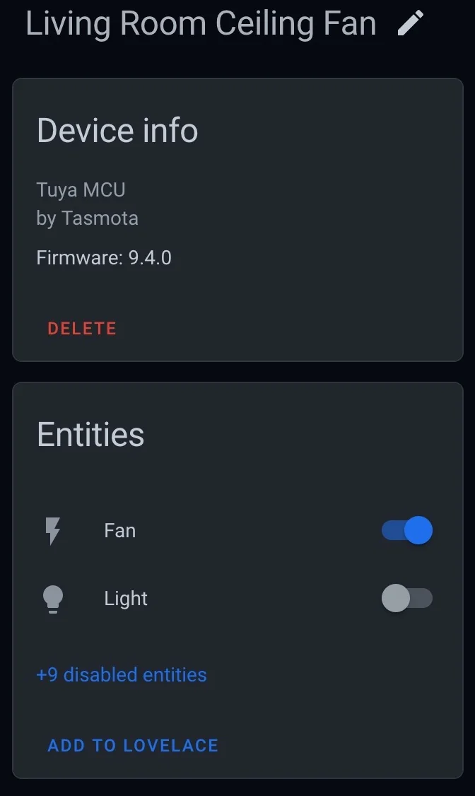 Screenshot showing DS03 device entity with the default binary switch control for the ceiling fan.