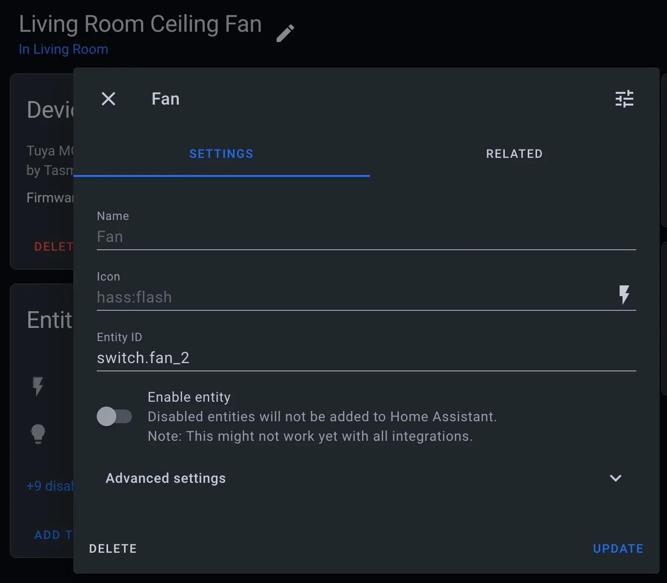 Screenshot showing Home Assistant UX for disabling the default binary switch entity