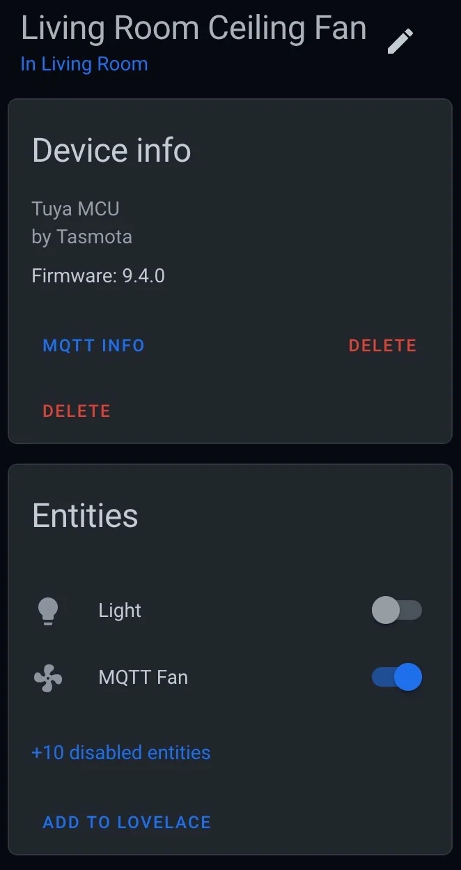 Screenshot showing DS03 device entity in Home Assistant with the multi-speed MQTT fan.