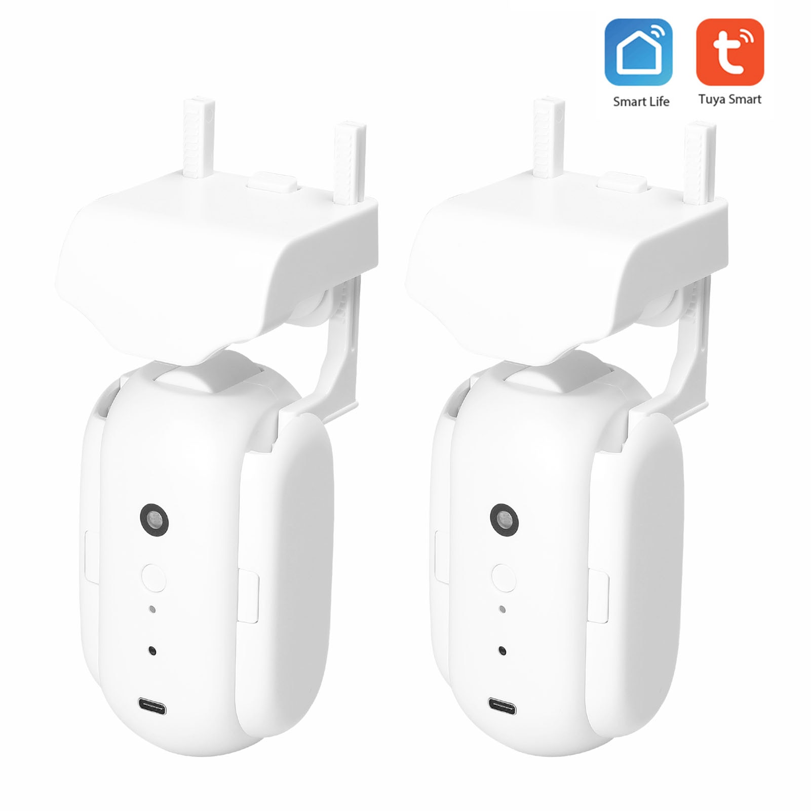 Official product marketing photo showing two curtain robots