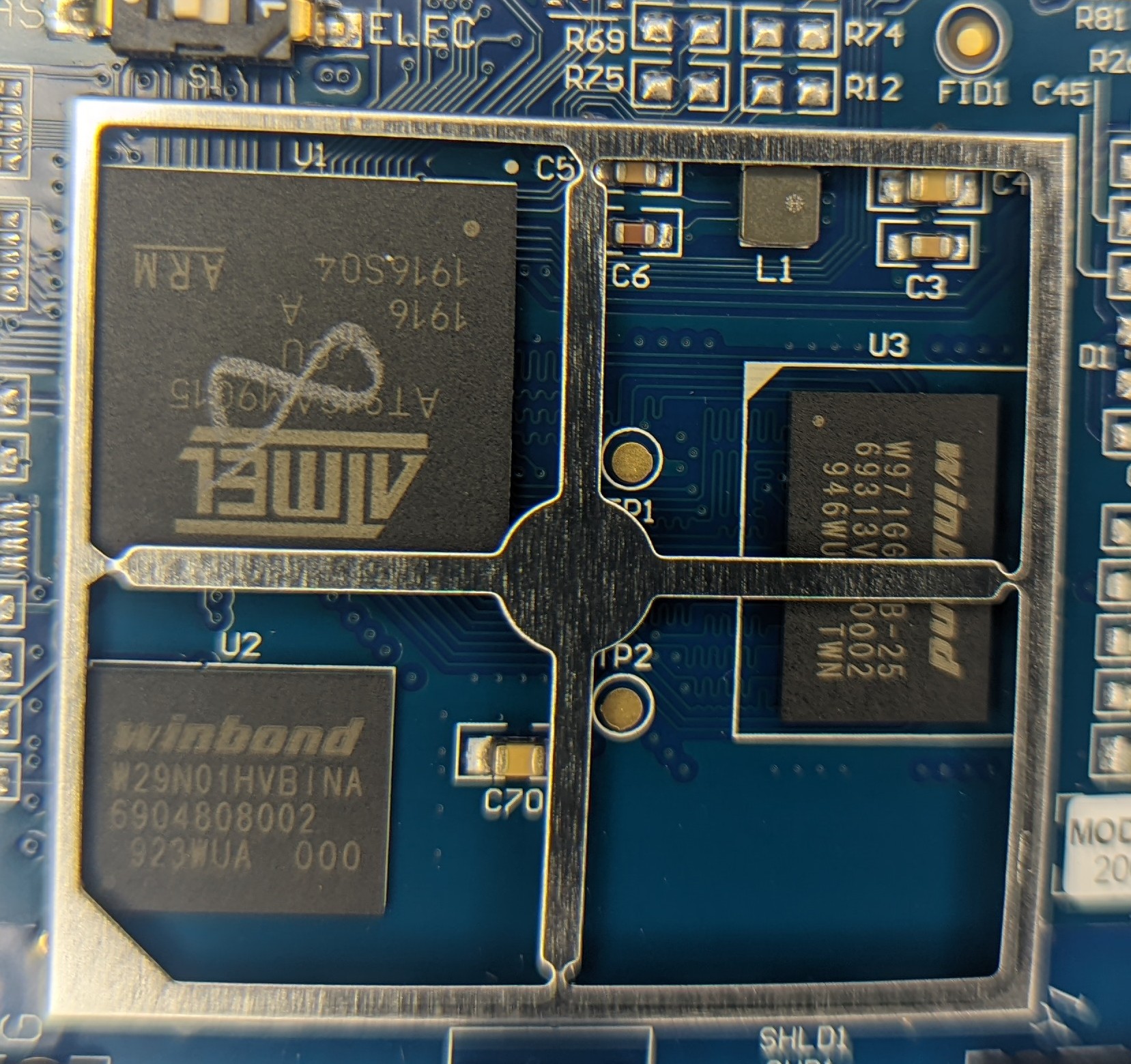 Closeup photo showing the main application processor and supporting ICs