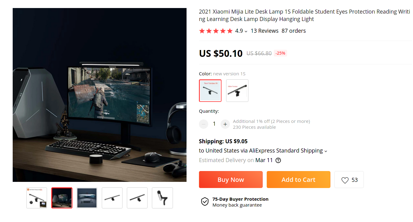 Screenshot showing the Aliexpress.com listing that I purchased the lamp from.