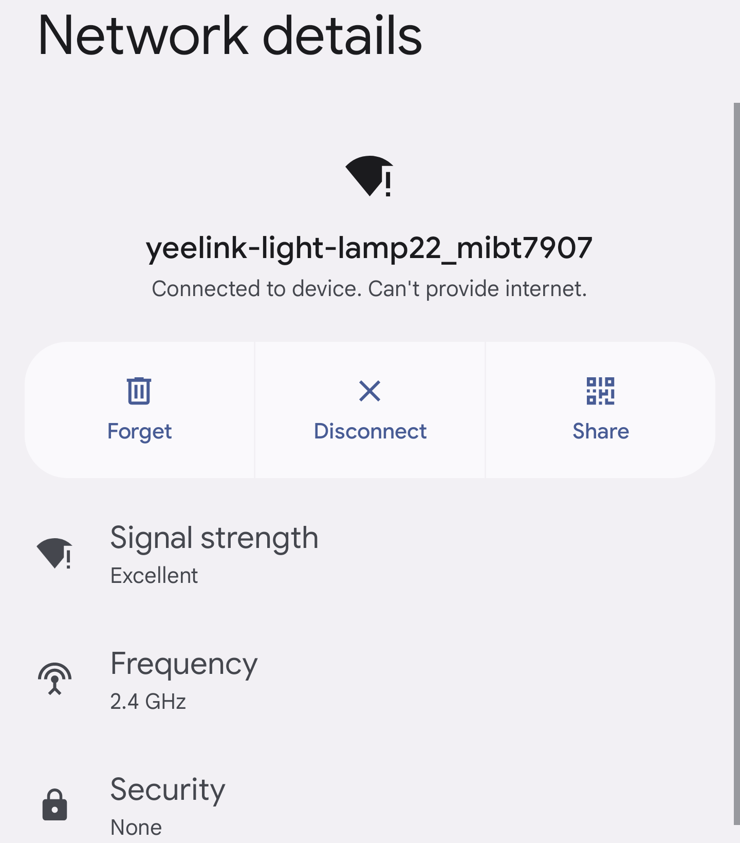 Screenshot from android connection settings confirming that phone was connected to a WiFi access point