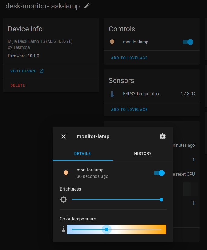 Screenshot showing the lamps' device info an control page within Home Assistant