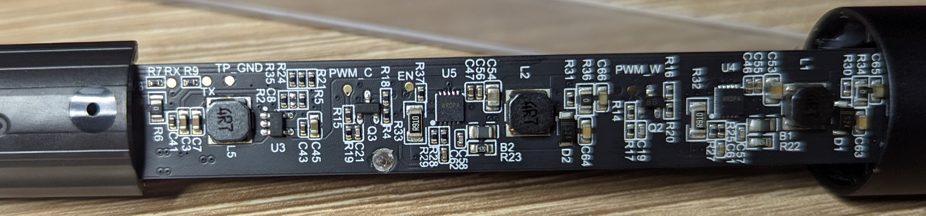 Photo showing a closeup of the primary lamp PCB where the test points are located.