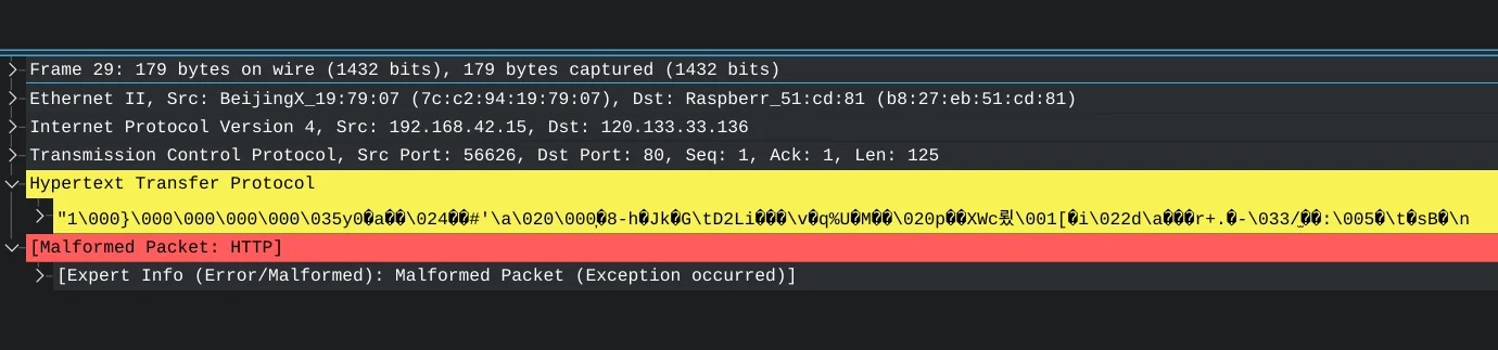 Screenshot from Wireshark showing the packet payload that the lamp tried to send to a remote server during setup / pairing with phone.